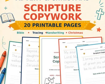 Advent & Christmas Scripture Copywork Printable, Bible Verse Tracing and Handwriting Practice, Homeschool Christmas Activity, Sunday School