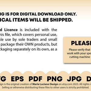 May include: A digital download listing for a set of SVG, EPS, PDF, PNG, JPG, and DXF files. The listing states that no physical items will be shipped. The text also includes a standard license agreement for personal and small-scale commercial use.