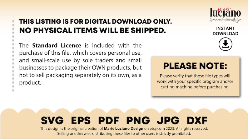 May include: A digital download listing for a set of SVG, EPS, PDF, PNG, JPG, and DXF files. The listing states that no physical items will be shipped. The text also includes a standard license agreement for personal and small-scale commercial use.