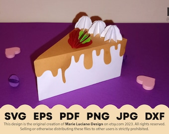 Cajas de regalo de rebanadas de pastel de papel con crema goteante y aderezos SVG, plantilla DXF EPS, Pdf, Paper Cake CutFiles, Annyversary Favor, Treat Box