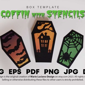 Coffin Treat Box x3 Stencil Ragno, casa stregata, Pipistrelli / Confezione regalo di Halloween / Download istantaneo / Progetto Svg per Cricut, DXF Silhouette