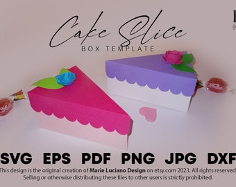 May include: Two cake slice box templates, one pink and one purple, with a white base and scalloped edges. The boxes are decorated with flowers and leaves. The text "Cake Slice Box Template" is written in cursive above the boxes.