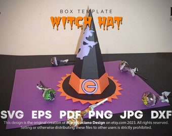 May include: A printable witch hat box template for Halloween. The template is designed to be cut out and assembled into a 3D hat shape. The hat is black with an orange brim and a purple witch silhouette on the front. The template is available in SVG, EPS, PDF, PNG, JPG, and DXF formats.