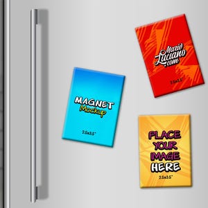 May include: Rectangular magnet mockups in blue, red, and yellow, each measuring 2.5 x 3.5 inches. The blue magnet reads "MAGNET Mockup", the red magnet has a logo, and the yellow magnet says "PLACE YOUR IMAGE HERE".