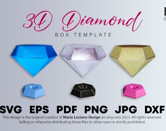 May include: A digital download template for a 3D diamond box. The image shows three different diamond boxes in blue, silver, and gold. The template is available in SVG, EPS, PDF, PNG, JPG, and DXF formats.
