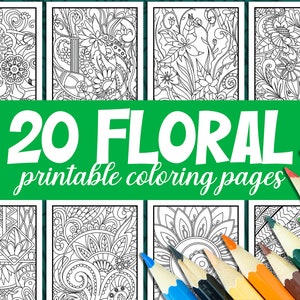 May include: A set of 20 printable coloring pages featuring intricate floral designs. The pages are black and white and ready to be colored. The image also shows colored pencils.