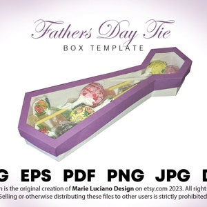 May include: A purple and white tie-shaped box template for Father's Day. The box is open and filled with colorful candies. The text "Fathers Day Tie" and "BOX TEMPLATE" is visible on the image.