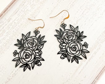 Rose Floral Earrings, Black Boho Earnings, Black Floral Rosebud Earrings,  Statement Earrings, Dangle Eartings, For Her, ROSEBUD