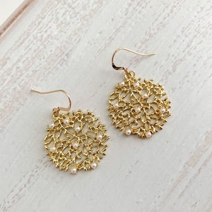 Gold Coin Leaf Earrings, Gold  Round  leaf With Pearls Earrings, Gold Statement Earrings, Gold Bohemian Earrings, Gift for Her, OLIVIA
