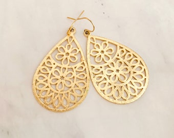 Gold Floral Teardrop Earrings: Brushed Boho Statement Jewelry