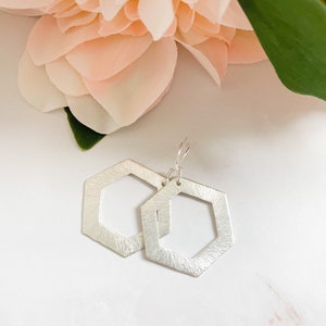 Silver  Hexagon Earrings, Silver  Drop Earrings, Silver  Statement Earrings, Brushed Silver Geometric Earrings, CALLIE
