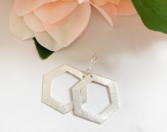 Silver  Hexagon Earrings, Silver  Drop Earrings, Silver  Statement Earrings, Brushed Silver Geometric Earrings, CALLIE