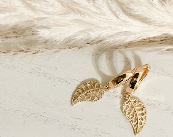 Gold Leaf Dangle Huggies: Brushed Boho Earrings