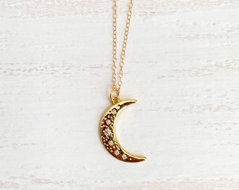 Dainty Gold Crescent Moon Necklace: Celestial CZ Pendant