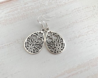 Silver Moroccan Teardrop Earrings: Boho Floral Statement Jewelry
