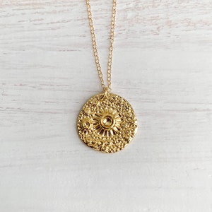 Gold Sun Coin Necklace   | Dainty Celestial   Necklace | Gold Statement Necklace |  Boho Necklace | Minimalist Necklace | For Her, LEO