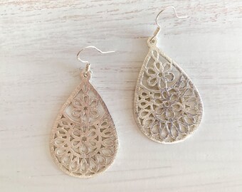 Floral Teardrop Earrings, Silver Floral Earrings, Silver Statement Earrings, Silver Boho Earrings, Silver Morrocan Earrings LEIGHTON