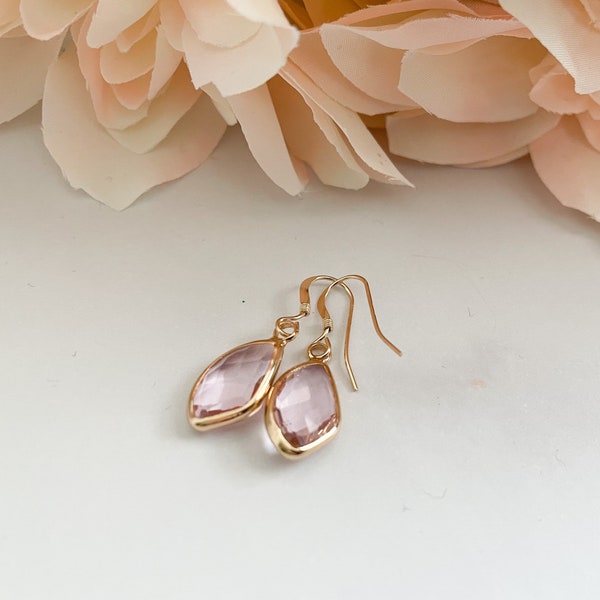 Gold Blush Pink Teardrop Earrings | Faceted crystal Glass | Bridesmaid Earrings | Gold Blush Pink Wedding Earrings, Dangle Earrings, MELANIE