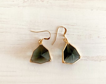 Charcoal Crystal Dangle Earrings: Gold Plated Brass, Minimalist Style