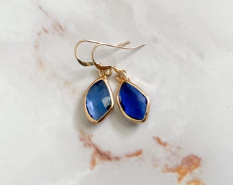 Gold Navy Blue   teardrop Earrings Faceted  Glass, Bridesmaid Earrings  Navy Blue Wedding Earrings, Dangle Earrings, MELANIE