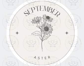 Może przedstawiać: Białe koło z czarnym obramowaniem i tekstem "SEPTEMBER" i "ASTER" w kolorze czarnym. Wewnątrz koła znajduje się czarno-biała ilustracja kwiatu z trzema kwiatami.