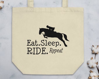 Eat Sleep Ride Repeat, Funny Horse Jumping Tote Bag for Equestrian Riders