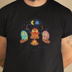 Retro Pac-Man Ghost Stories Campfire Tee - Unique Gamer Shirt, Vintage Arcade Inspired Design