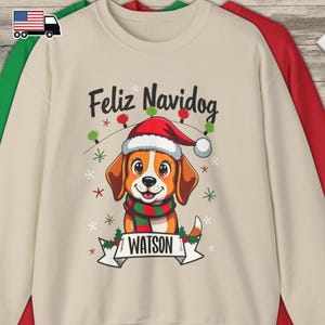 Felpa personalizzata per cani Beagle di Natale, Feliz Navidog, il nome del tuo cane, simpatico cane da caccia dei cartoni animati, felpa per le feste per la mamma di un cane