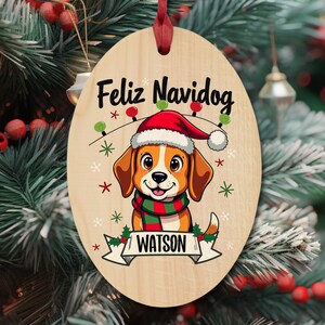 NIESTANDARDOWA ozdoba świąteczna Beagle, Feliz Navidog, imię Twojego psa, słodki rysunkowy pies gończy, drewniana ozdoba dla mamy psa, magnes