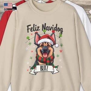 Felpa personalizzata per Natale con pastore tedesco, Feliz Navidog, il nome del tuo cane, simpatico cartone animato GSD, felpa natalizia per mamma di cani