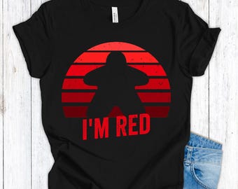 Red Meeple T-Shirt, I'm Red Shirt, Retro Sunset Tee, Favorite Color Gift for Boardgame Lover, Family Board Game Night Tshirt Top