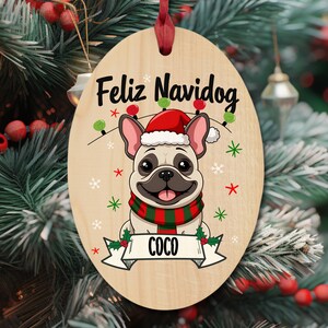 CUSTOM French Bulldog Christmas Ornament, Feliz Navidog, Your Dog's Name, Cute Cartoon Frenchie Dog, Wooden Ornament for Dog Mom, Magnet