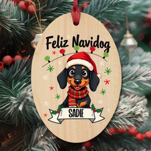 NIESTANDARDOWA ozdoba świąteczna Dachshund, Feliz Navidog, imię Twojego psa, słodki kreskówkowy jamnik, drewniana ozdoba dla mamy psa, magnes