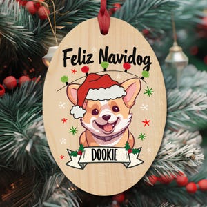 NIESTANDARDOWA ozdoba świąteczna Corgi, Feliz Navidog, imię Twojego psa, uroczy pies rasy Welsh Corgi, drewniana ozdoba świąteczna dla mamy psa, magnes