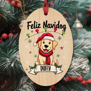 NIESTANDARDOWA żółta ozdoba świąteczna z labradorem, Feliz Navidog, imię twojego psa, słodki kreskówkowy piesek labrador, drewniana ozdoba dla mamy psa, magnes