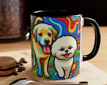 Cheerful Bichon & Yellow Lab Psychedelic Coffee Mug: 11oz Colorful Delight for Dog Lovers!