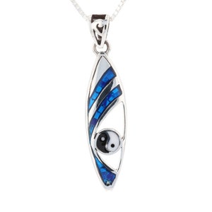 Yin Yang Curved Surfboard  Sterling Silver Pendant Necklace with Blue Paua Shell 18&quot; | Jewelry Trends