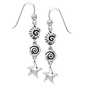 May include: Silver dangle earrings with three shell charms and a starfish charm on each earring.