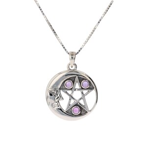 Moon and Star Pentacle Pendant Necklace Sterling Silver with Amethyst 18&quot; | Jewelry Trends