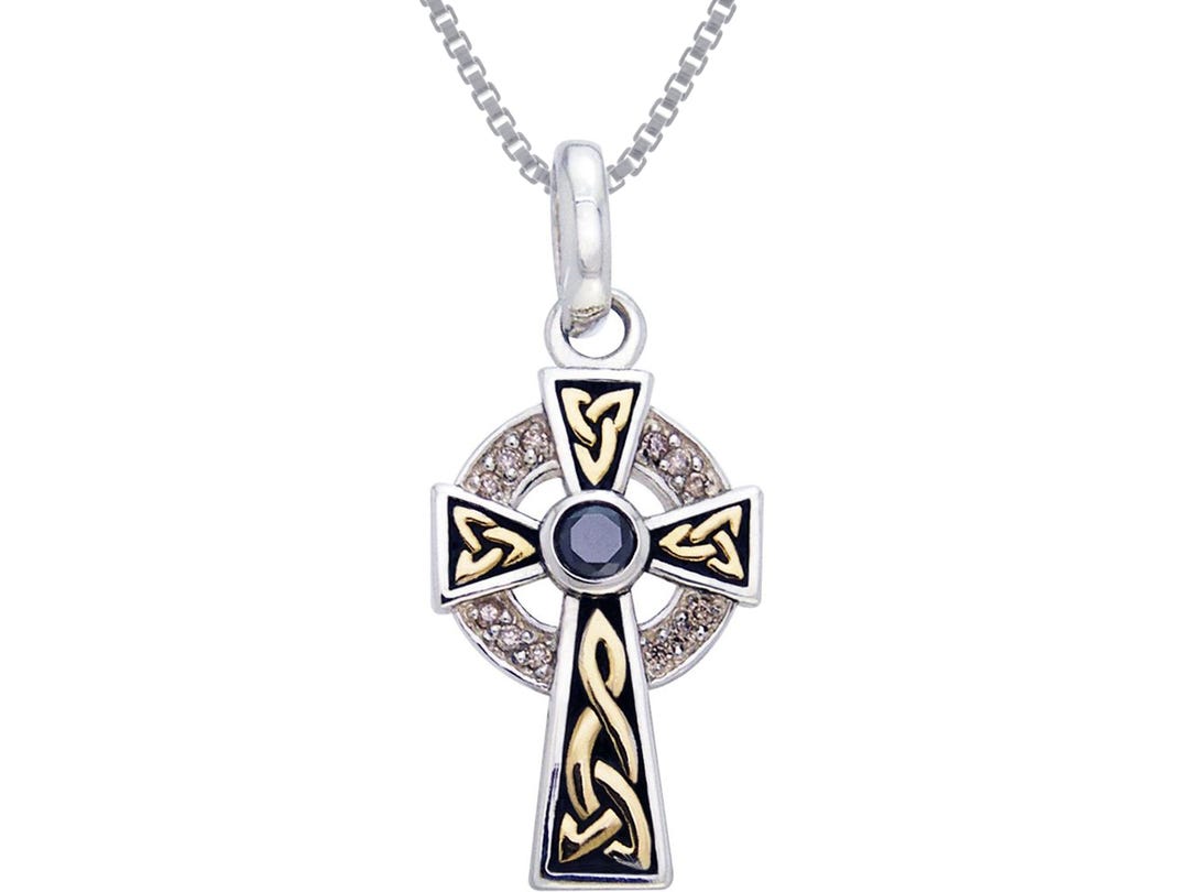 Jewelry Trends Sterling Silver Celtic Cross Pendant With CZ and 18k ...