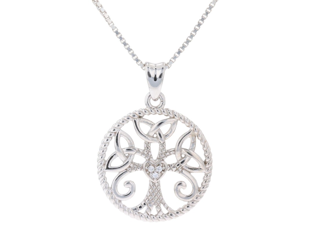 Tree of Life Trinity Knot CZ Heart Sterling Silver Pendant