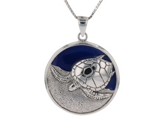 Jewelry Trends Sea Turtle Sterling Silver and Blue Enamel Pendant Necklace 18"