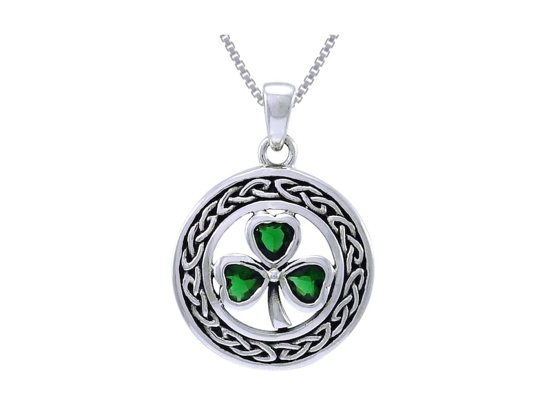 Jewelry Trends Celtic Clover Sterling Silver with Green Glass Pendant Necklace 18