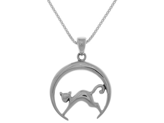 Cat On Crescent Moon Sterling Silver Pendant Necklace 18" | Jewelry Trends