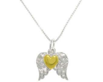 Jewelry Trends Sterling Silver Angel Wings Pendant Necklace with Gold-plated Heart 18"
