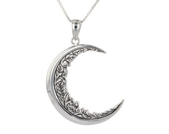 Floral Leaf Crescent Moon Large Sterling Silver Pendant Necklace 18&quot; | Jewelry Trends