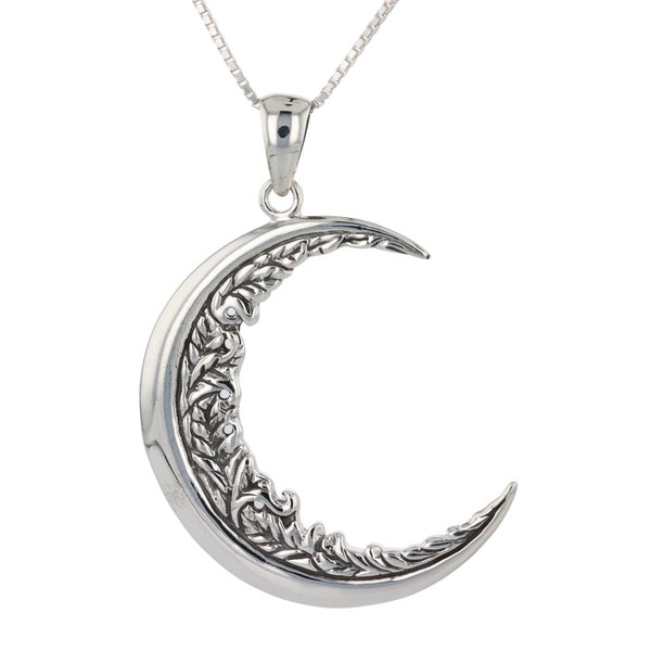 Jewelry Trends Floral Leaf Crescent Moon Large Sterling Silver Pendant Necklace 18"