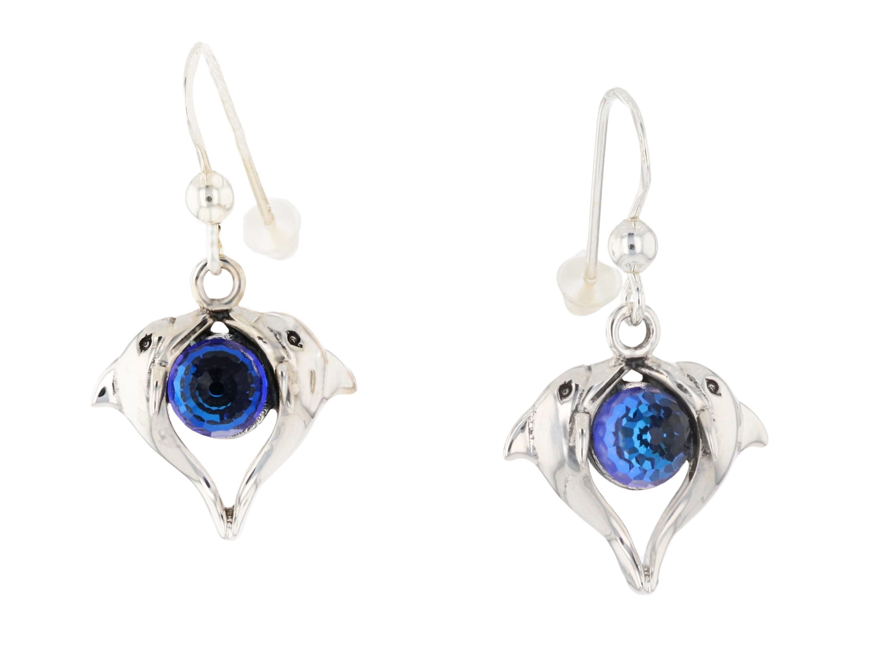 Jewelry Trends Dolphin Love Heart Sterling Silver Dangle Earrings Blue