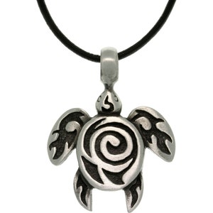 Pewter Sea Turtle with Tribal Spiral Unisex Pendant on 18 Inch Black Leather Necklace | Jewelry Trends