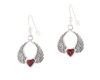 Jewelry Trends Heart Angel Wings Silver Dangle Earrings with Garnet